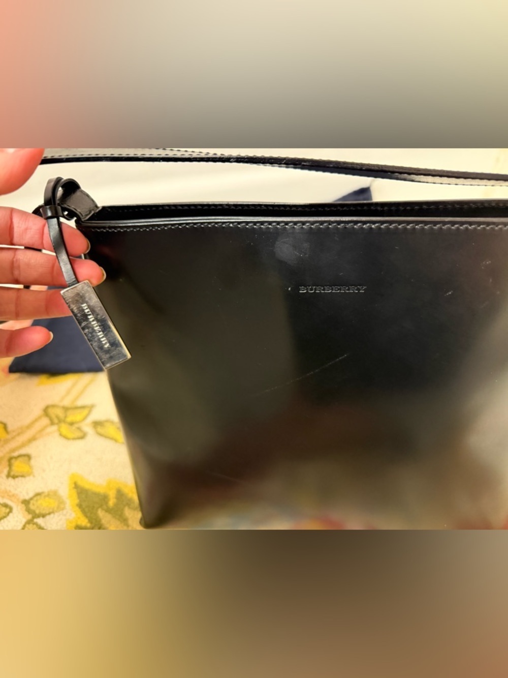 BURBERRY Vintage Rare Sleek Black Patent Leather W/ Silver Tote Shoulder Bag - Picture 12 of 16